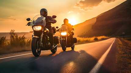 Two bikers riding down the road against the backdrop of the sunset