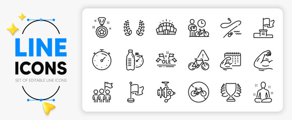 Fishing reel, Fishing rod and Arena stadium line icons set for app include Winner, Bike attention, Bicycle prohibited outline thin icon. Strong arm, Timer, Yoga pictogram icon. Vector