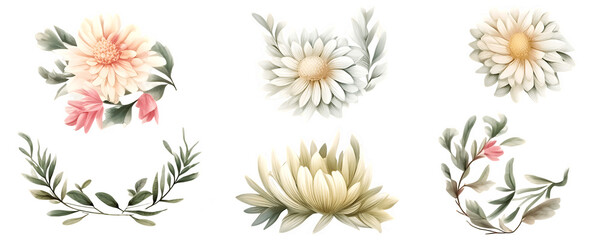 Beautiful wedding wreath with Chrysanthemum flowers watercolor elements set