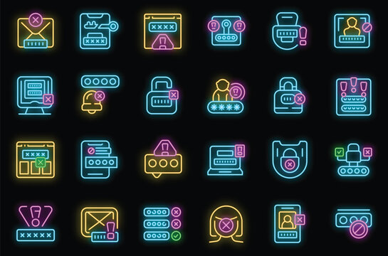 Wrong password icons set outline vector. Shield security. Work data neon color on black