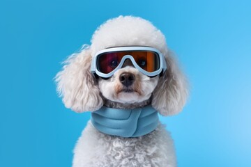 Environmental portrait photography of a funny poodle wearing a ski suit against a periwinkle blue background. With generative AI technology