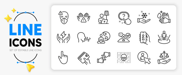 Breathing exercise, User and Cursor line icons set for app include Justice scales, Click hands, Wash hands outline thin icon. Safe energy, Question button, Freezing pictogram icon. Vector