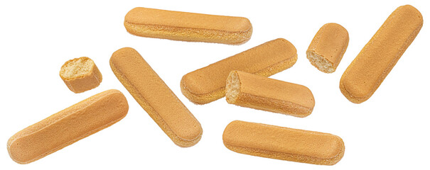 Falling italian savoiardi biscuits, ladyfinger cookies isolated on white background