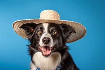 Photography in the style of pensive portraiture of a smiling border collie wearing a sombrero against a periwinkle blue background. With generative AI technology