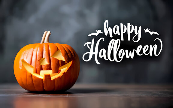 halloween with pumpkin, text happy halloween ideal for banner or image on your blog