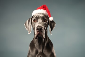 Medium shot portrait photography of a cute great dane wearing a christmas hat against a minimalist or empty room background. With generative AI technology - obrazy, fototapety, plakaty