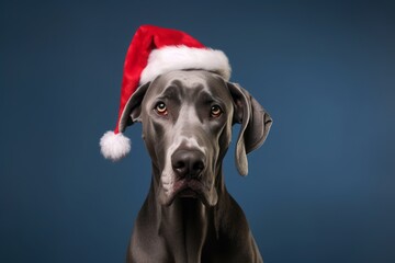 Medium shot portrait photography of a cute great dane wearing a christmas hat against a minimalist or empty room background. With generative AI technology