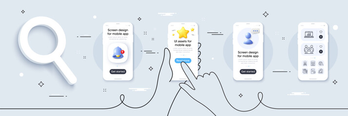 Internet search, Medical certificate and Discrimination line icons pack. Phone screen mockup with 3d star, alert and chat message. Online statistics, Floor plan, Chemical hazard web icon. Vector