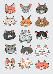 Animals cat head vector illustrations set.