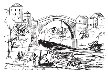 Mostar bridge Bosnia and Herzegovina line drawing sketch travel landmark illustration.