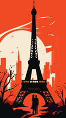 A couple standing in front of Eiffel Tower. Abstract vector design