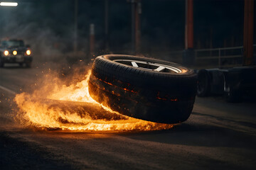 Flying, Burning Tire from a Car
