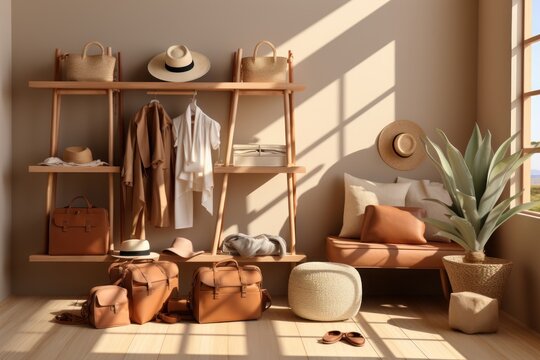 Room in the style of elegant clothing, light brown, collecting and modes of display. Generative AI.