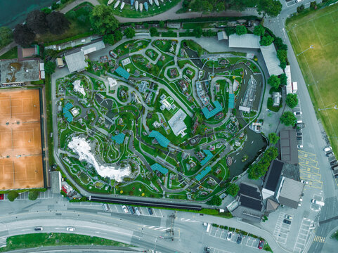 Lugano, Switzerland - 08 August 2023: Aerial view of Swissminiatur, a model in miniature of Switzerland's famous sights and places.