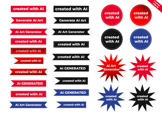 Set of AI (Artificial Intelligence) ribbon banner with different phrases AI generated, created with AI. Star banner, circle banner, ribbon baner, flat style. Simple vector isolated on white background