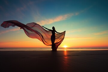 Silhouette of a dancing girl against the background of sunset.