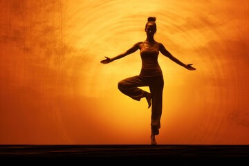 Silhouette of a dancing girl against the background of sunset.