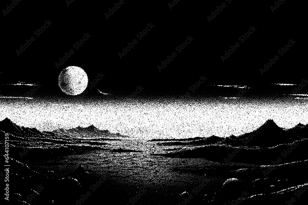 Aufkleber alien planet landscape in retro dotwork style. planets and satellites over unknown planet in space. 