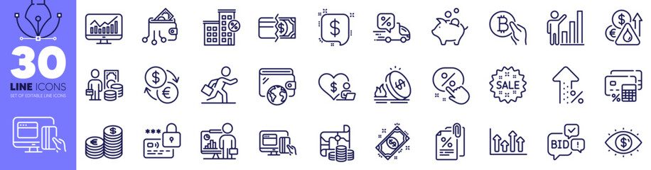 Bitcoin pay, Increasing percent and Loan house line icons pack. Gas price, Digital wallet, Treasure map web icon. Sale, Volunteer, Fuel price pictogram. Piggy bank, Lock, Payment message. Vector