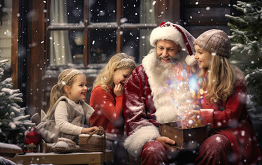 The joyful atmosphere of Christmas. Children discover the magic of snowy holidays together with Santa Claus