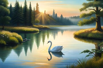 Realistic oil painting on canvas depictions of natural landscapes, including a magnificent lake...