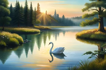 Foto op Aluminium Realistic oil painting on canvas depictions of natural landscapes, including a magnificent lake with swans above a forest, a sunset or dawn, a lovely pond with clear water, © Amazing-World