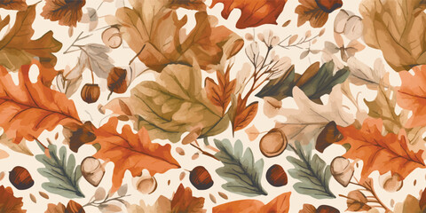 Autumn seamless pattern with different leaves and plants, seasonal colors © Eli Berr