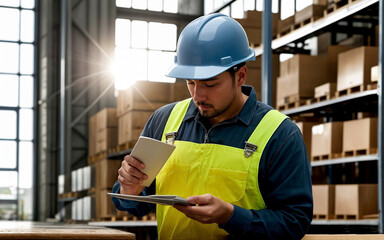 Worker in protective clothing and helmet in warehouse with boxes, inventory of products