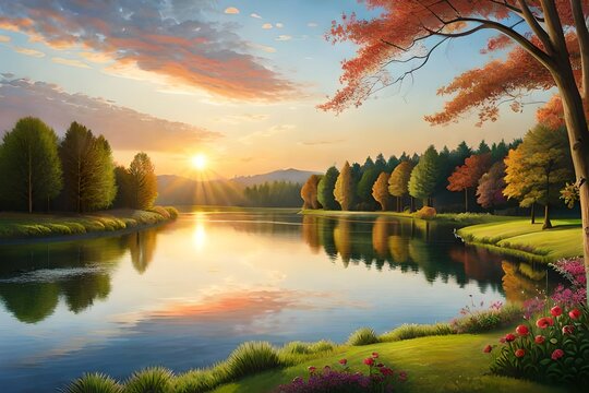 Realistic oil painting on canvas depictions of natural landscapes, including a magnificent lake with swans above a forest, a sunset or dawn, a lovely pond with clear water,