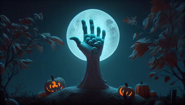 Zombie Hand Rising Out .and Halloween pumpkin Of garden forest cemetery at night full moon beautiful, Ai generated image