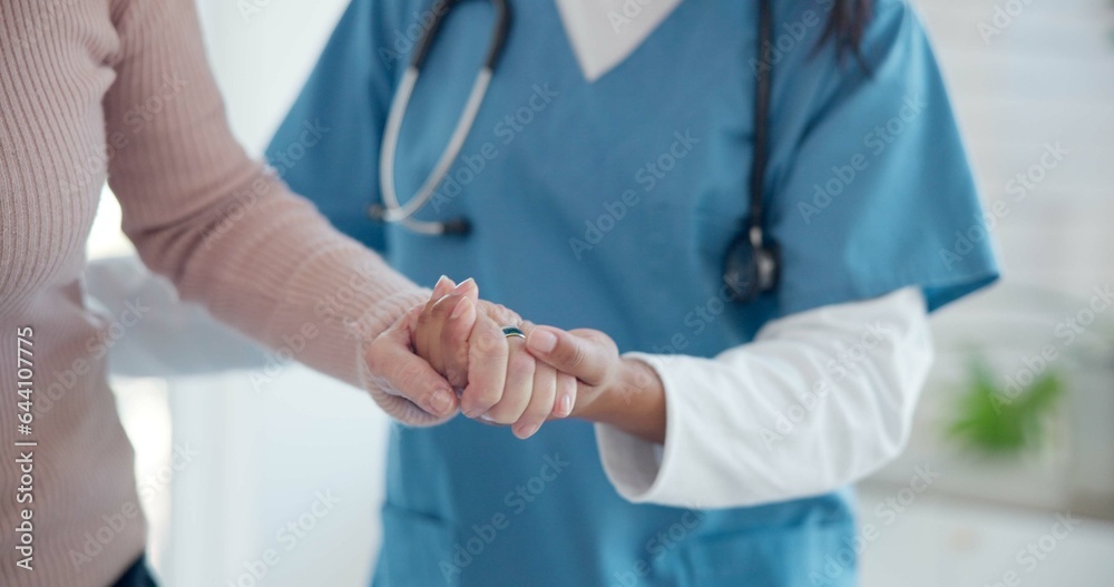 Canvas Prints Nurse, disabled and old person holding hands for walking support, elderly care or movement disability. Closeup rehabilitation service, retirement home physiotherapy and caregiver help senior patient