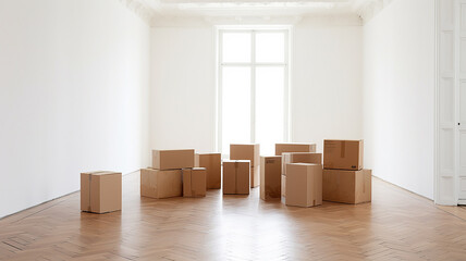 cardboard boxes in a large empty bright room, relocating.