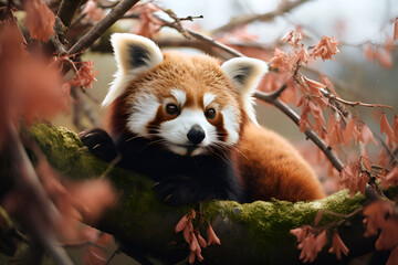 Red panda on a tree in it's natural habitat. Cute small red panda sitting on a red tree in a chinese forest. Panda bear in forest - Powered by Adobe