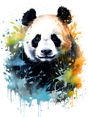 Panda paint splatter illustration on white background. Abstract panda portrait, minimalistic pop art. Watercolor panda illustration with color splash