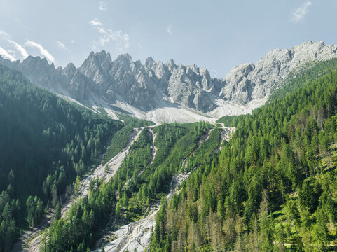 Aerial view of Croda dei Baranci (Birkenkofel) mountain peak on the Dolomites range, San Candido (Innichen), Trentino, South Tyrol, Italy.
