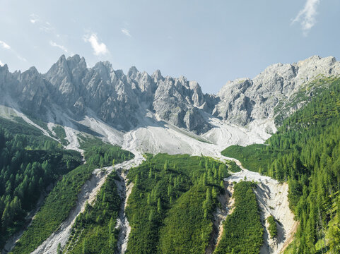 Aerial view of Croda dei Baranci (Birkenkofel) mountain peak on the Dolomites range, San Candido (Innichen), Trentino, South Tyrol, Italy.