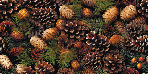 Obraz premium Vector seamless background with fir tree branches and cones.
