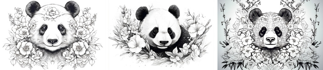 Fototapety  Set of panda illustrations for kids coloring book. Coloring page collection with black and white panda face illustrations for children coloring book, flat design