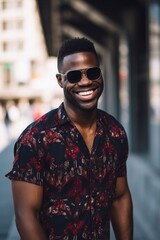 fashion, sunglasses and portrait of a black man with smile in city, happy and stylish