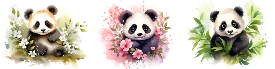 Fototapety  Cute cartoon panda illustration set. Aquarelle panda illustration collection for children book. Kids book colorful illustrations with panda bear, watercolor drawing