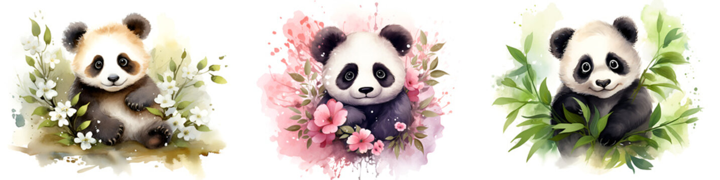 Cute cartoon panda illustration set. Aquarelle panda illustration collection for children book. Kids book colorful illustrations with panda bear, watercolor drawing