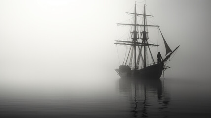 Fototapeta na wymiar black sailboat silhouette in the fog.
