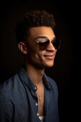 a young man standing in studio while wearing sunglasses