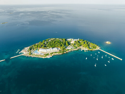 Aerial view of Otocic Sveti Nikola, a small island off Porec coastline, a small town along the Adriatic Sea in Istria, Croatia.