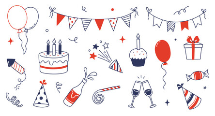 Birthday doodle icon element. Hand drawn sketch doodle birthday cake, balloon, event decoration element. Party, carnival celebration concept background. Vector illustration.