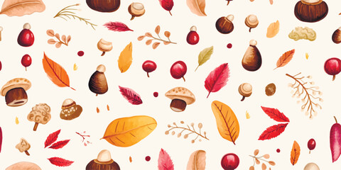 Autumn seamless pattern with pumpkins, plants, leaves, acorns. Autumn seamless pattern with pumpkins, plants, leaves, acorns