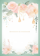  Watercolor Birthday Invitation Card Template, Pastel Mint Green and shimmering Rose Gold hues