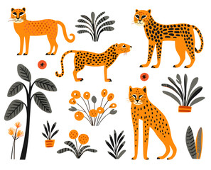 Vector set of leopards or cheetahs and tropical leaves. Fashionable illustration.