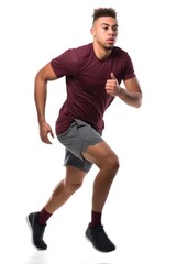 Fototapeta na wymiar a young ethnic man in sportswear running against a white background