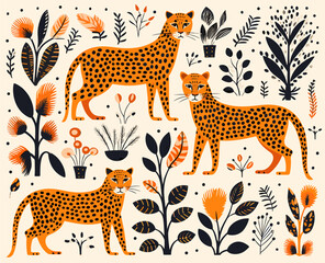 Vector set of leopards or cheetahs and tropical leaves. Fashionable illustration.